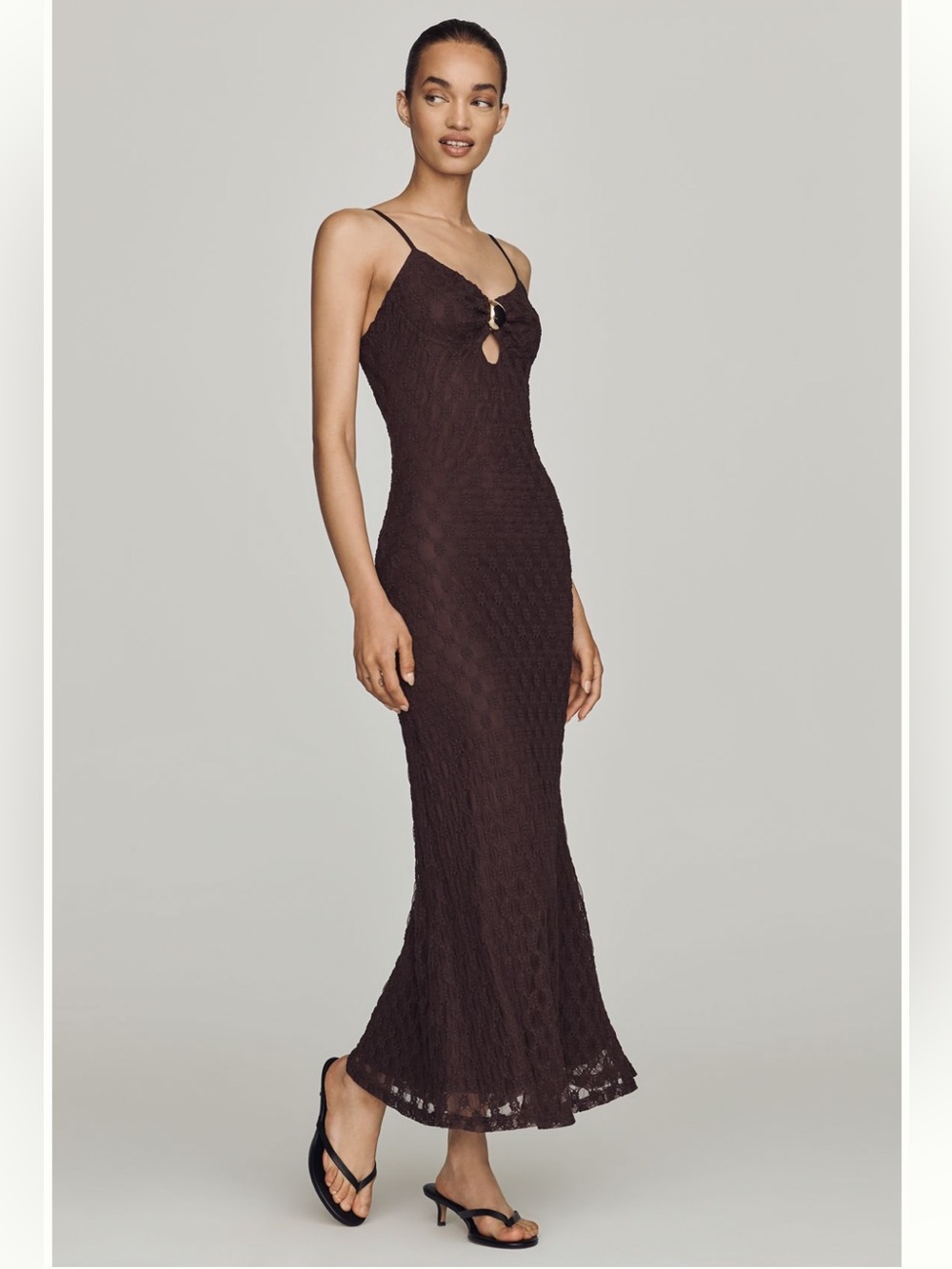 Anthropologie Bardot Karla Chocolate Brown mesh Maxi Dress with Ring Detail